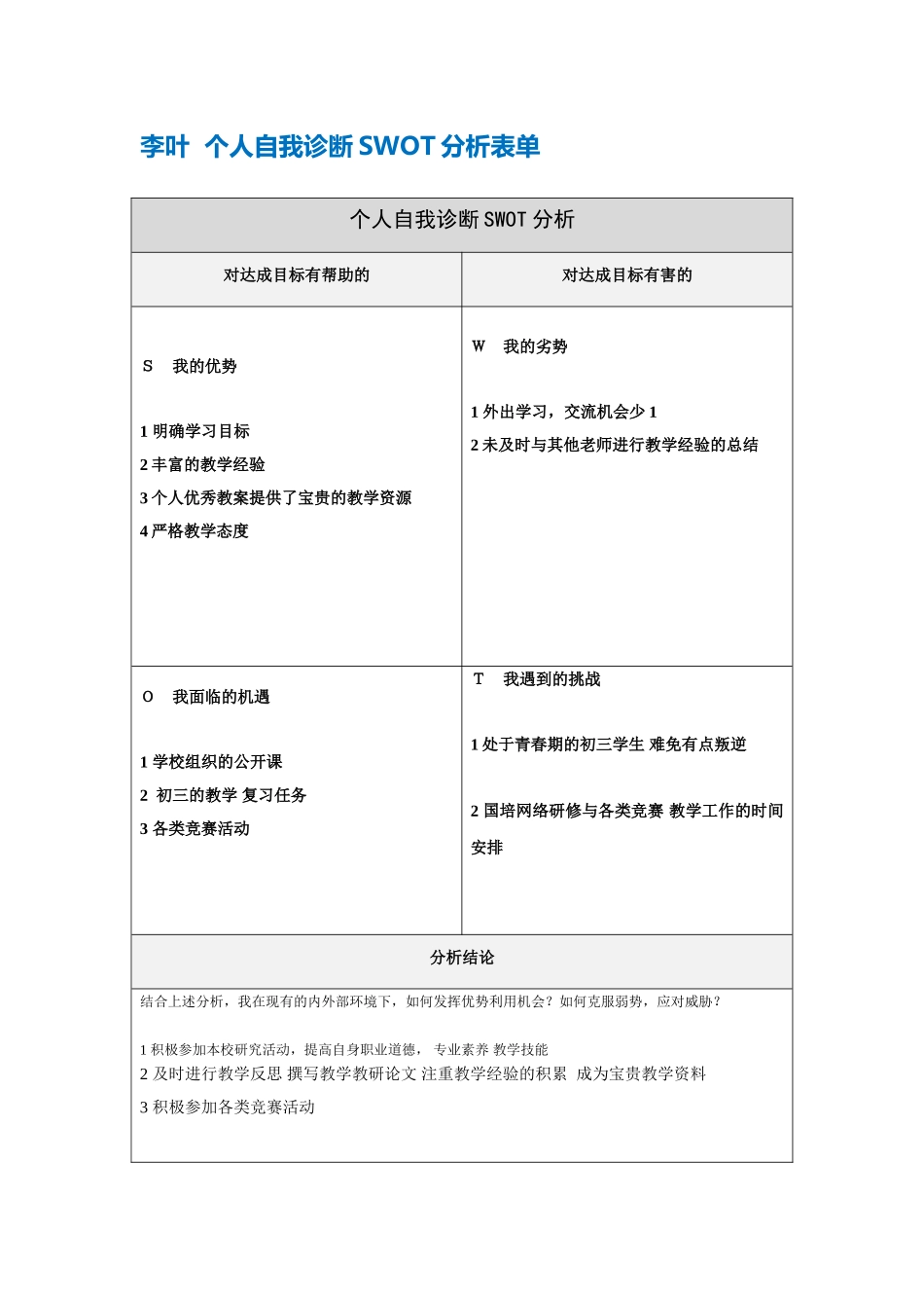 李叶第一步骤所需文档：个人自我诊断SWOT分析表_第1页