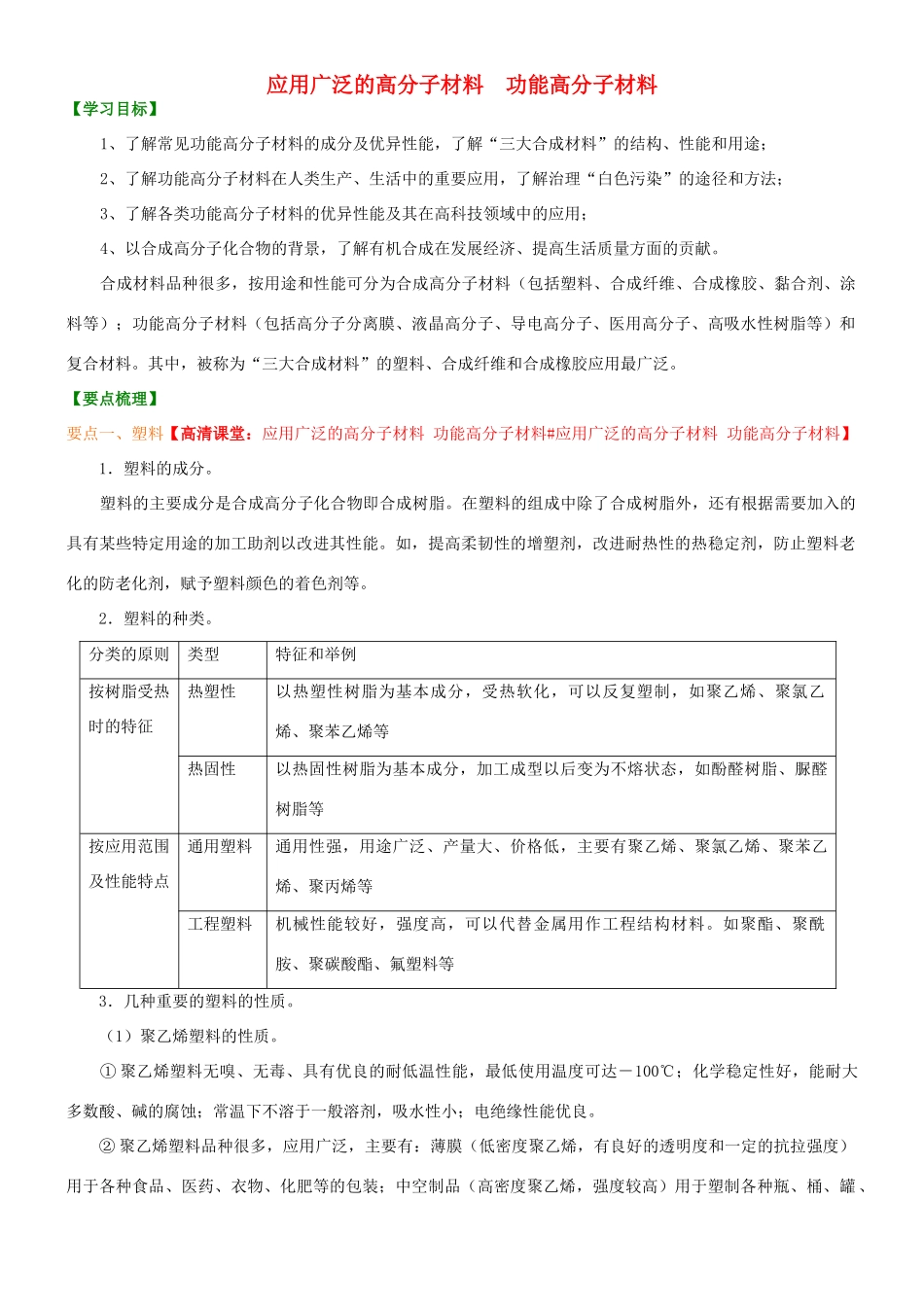 高中化学 应用广泛的高分子材料 功能高分子材料（基础）知识讲解学案 新人教版选修5-新人教版高二选修5化学学案_第1页