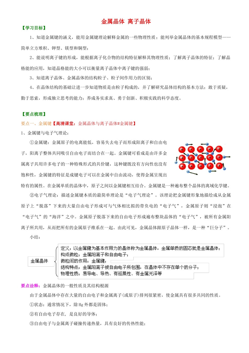高中化学 金属晶体 离子晶体（基础）知识讲解学案 新人教版选修3-新人教版高二选修3化学学案_第1页