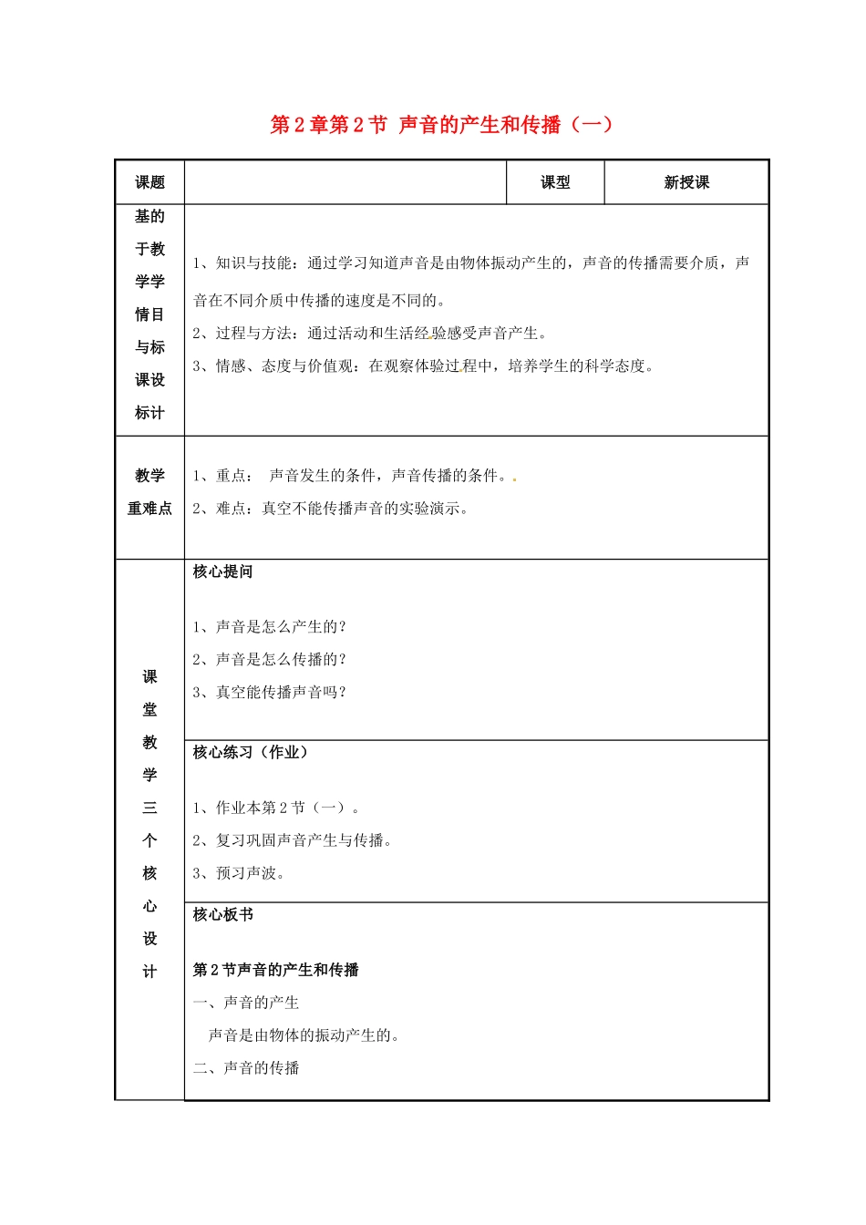 浙江省温州市苍南县桥墩镇五凤学校七年级科学下册 第2章第2节 声音的产生和传播教案（一） 浙教版_第1页