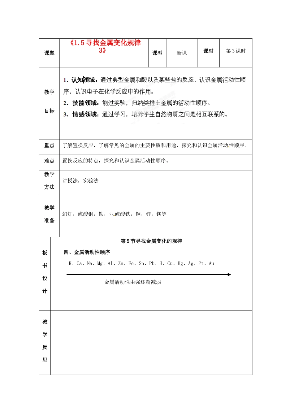 浙江省温岭市城南中学九年级科学上册《1.5寻找金属变化规律3》教案 浙教版_第1页
