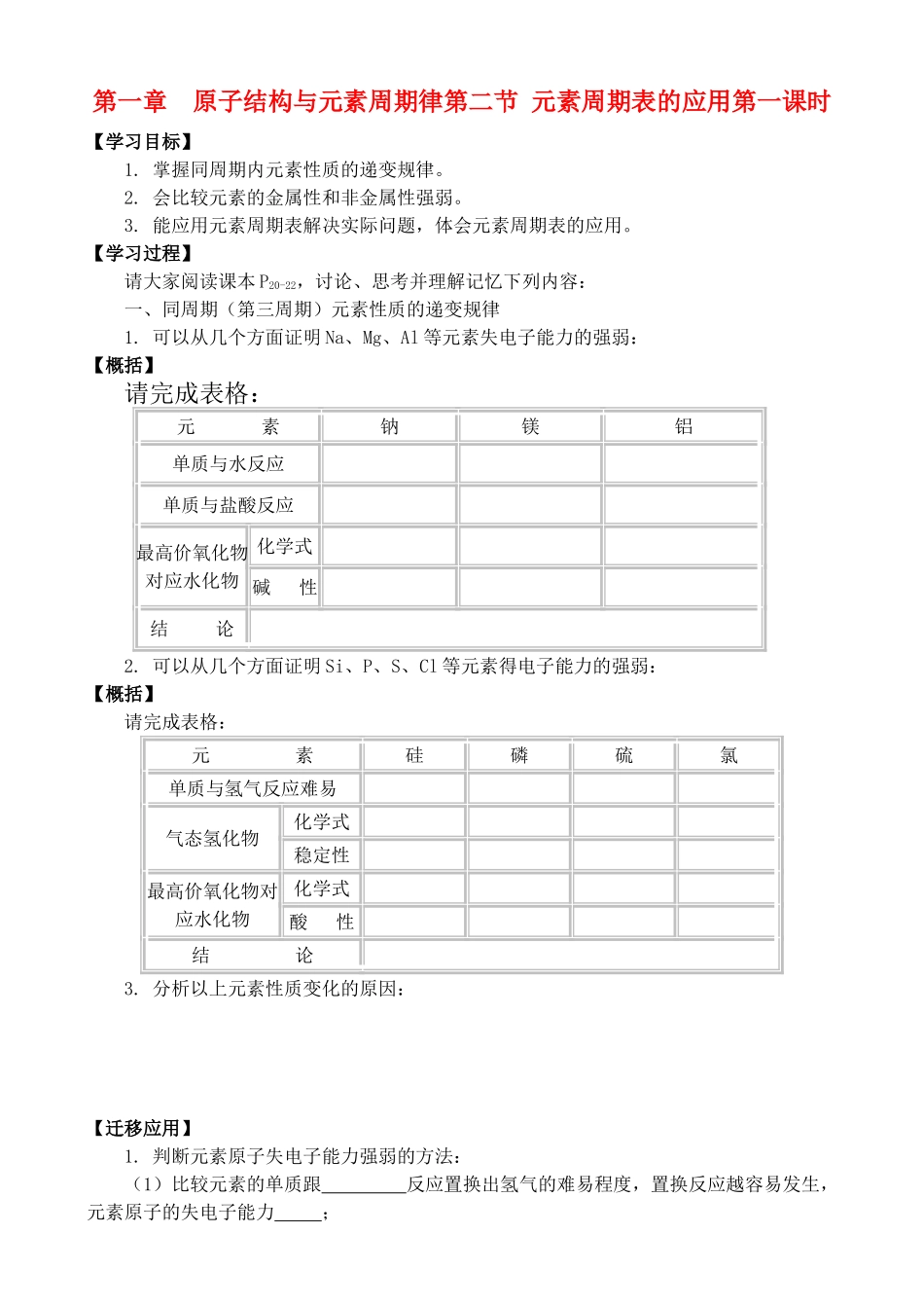 高中化学 1.3.1元素周期表的应用学案 鲁教版必修2_第1页
