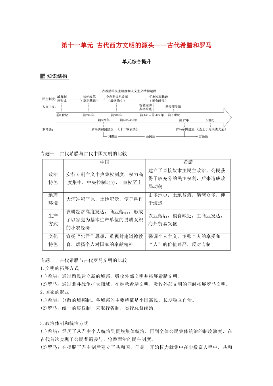 高考历史一轮复习 第十一单元 古代西方文明的源头——古代希腊和罗马单元综合提升学案 新人教版-新人教版高三全册历史学案_第1页