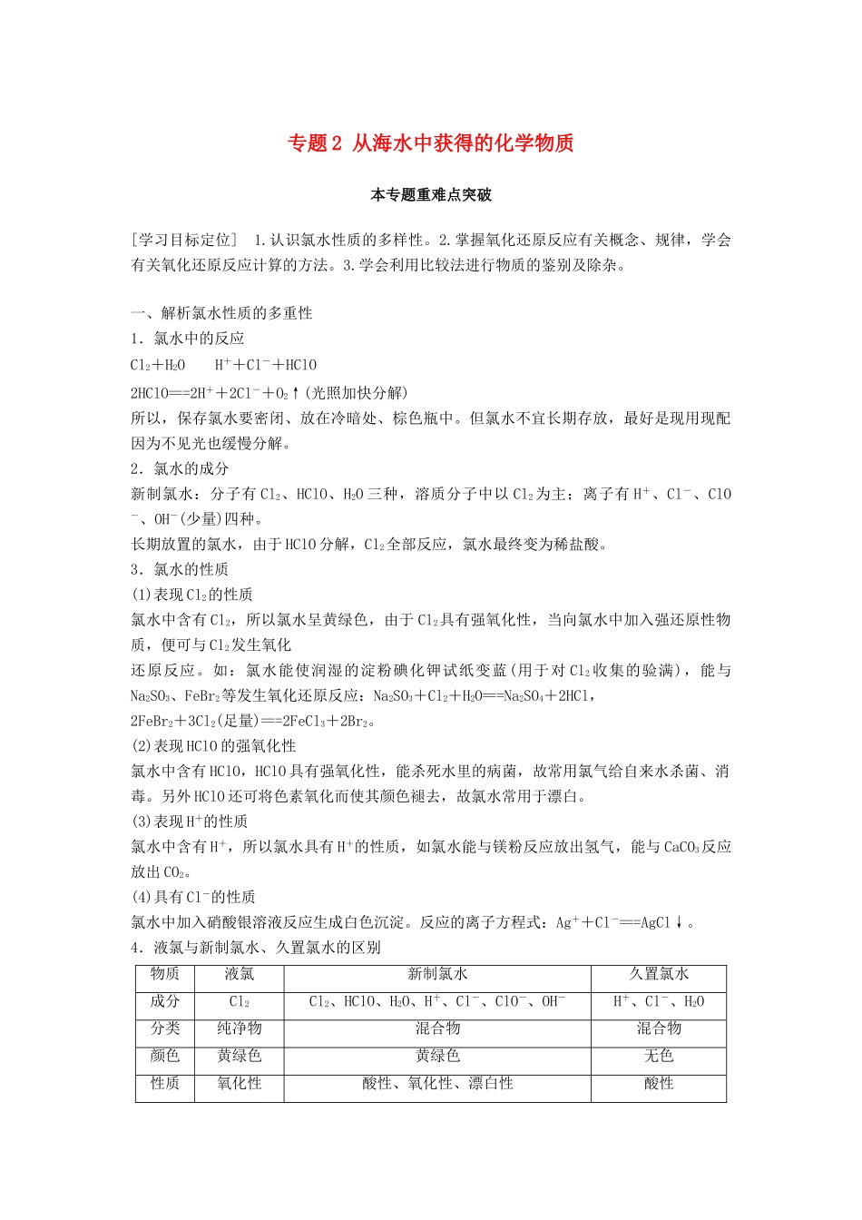 高中化学 专题2 从海水中获得的化学物质本专题重难点突破学案 苏教版必修1-苏教版高一必修1化学学案_第1页