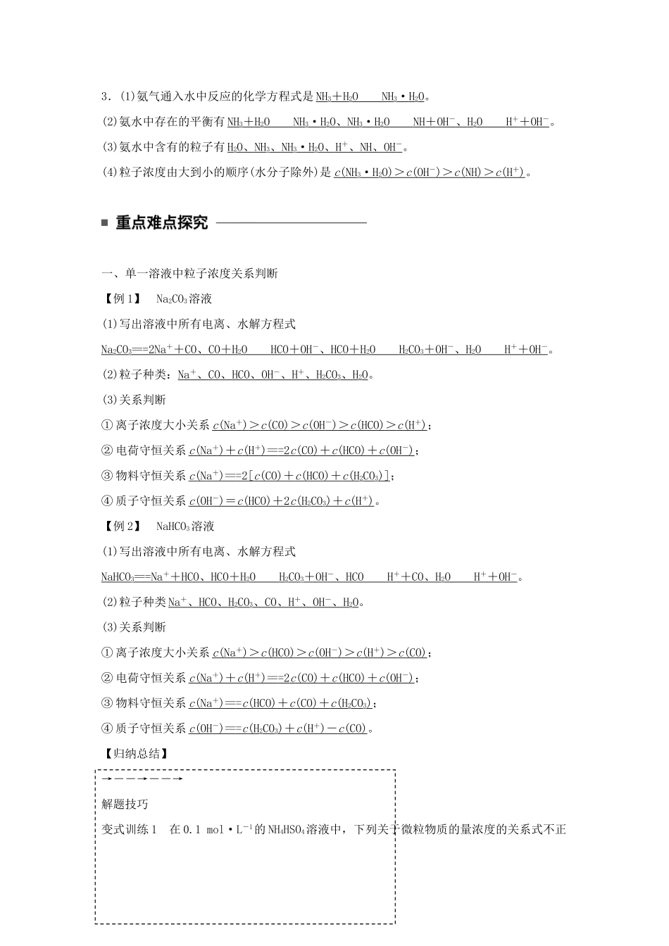 高中化学 第三章 水溶液中的离子平衡 第三节 盐类的水解（第3课时）粒子浓度关系学案 新人教版选修4-新人教版高二选修4化学学案_第2页