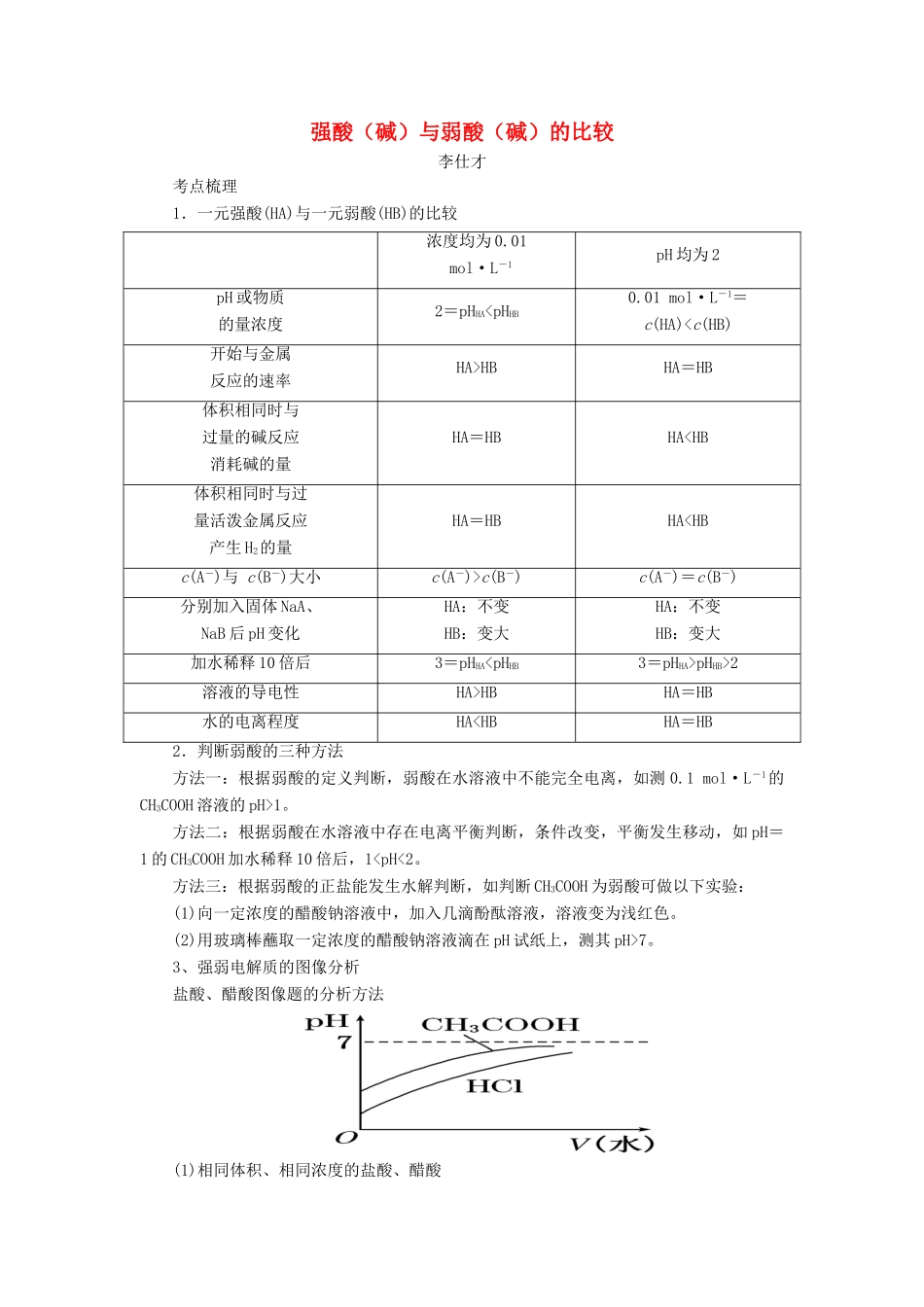 高考化学一轮复习 强酸（碱）与弱酸（碱）的比较学案（含解析）-人教版高三全册化学学案_第1页