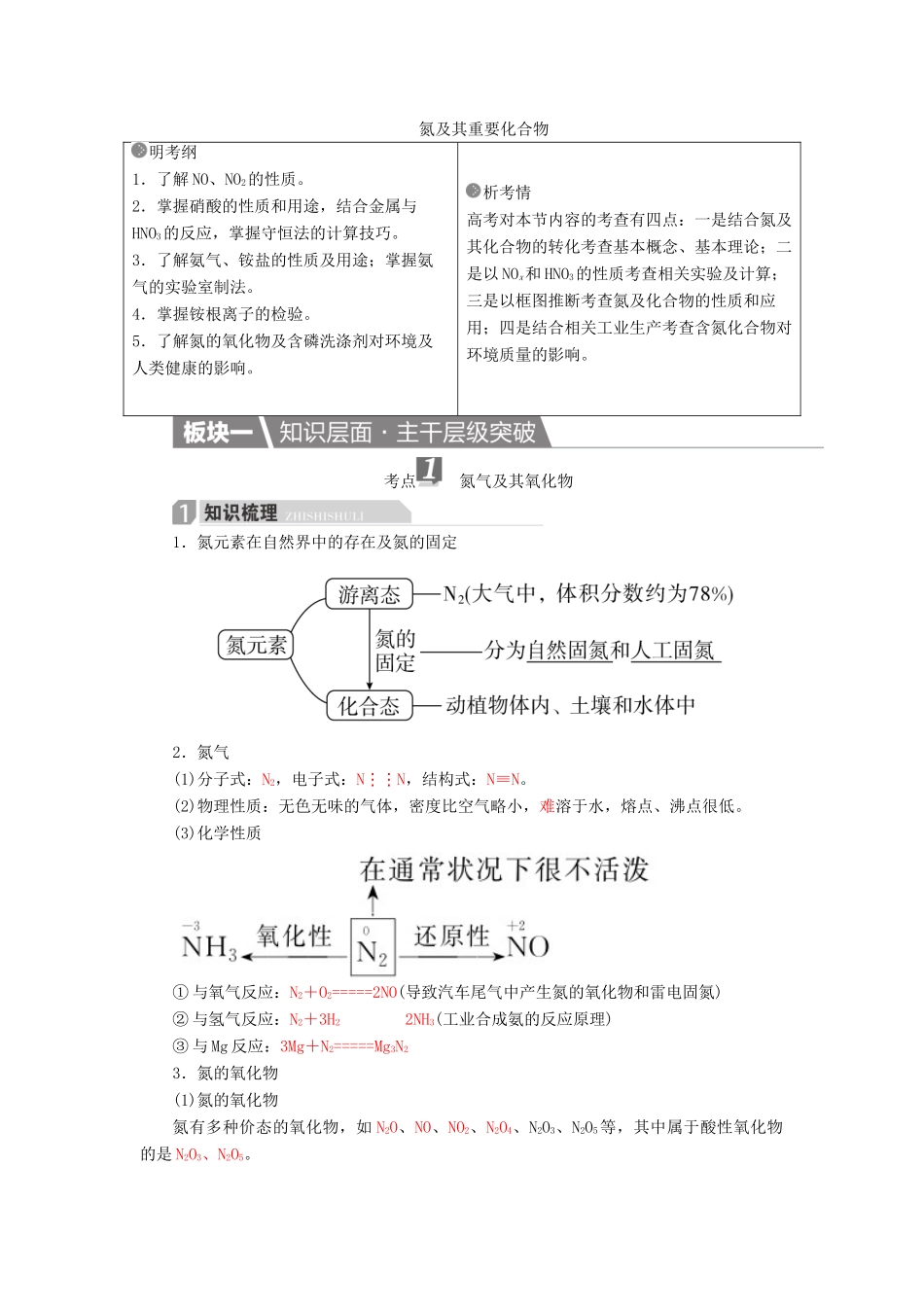 高考化学一轮复习 第4章 非金属及其化合物 第4节 氮及其重要化合物学案-人教版高三全册化学学案_第1页