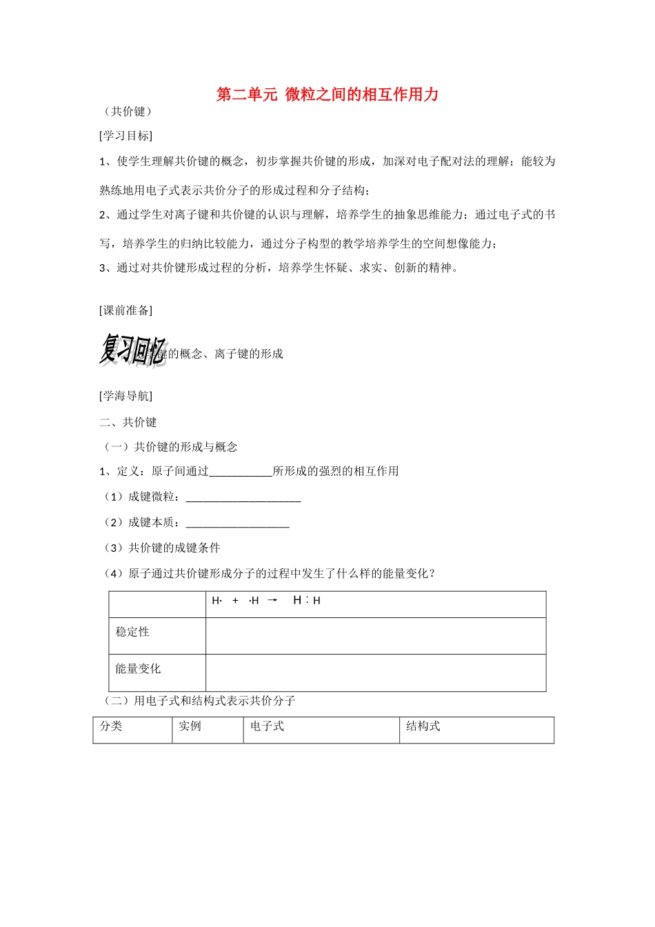 高中化学：1.2.2 微粒间的相互作用力 ——共价键学案苏教版必修2_第1页