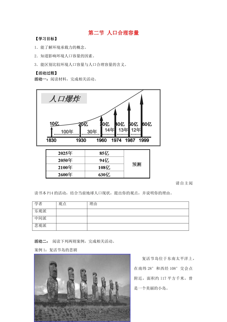 高中地理 第一章 人口与环境 第二节 人口合理容量学案 湘教版必修2-湘教版高一必修2地理学案_第1页