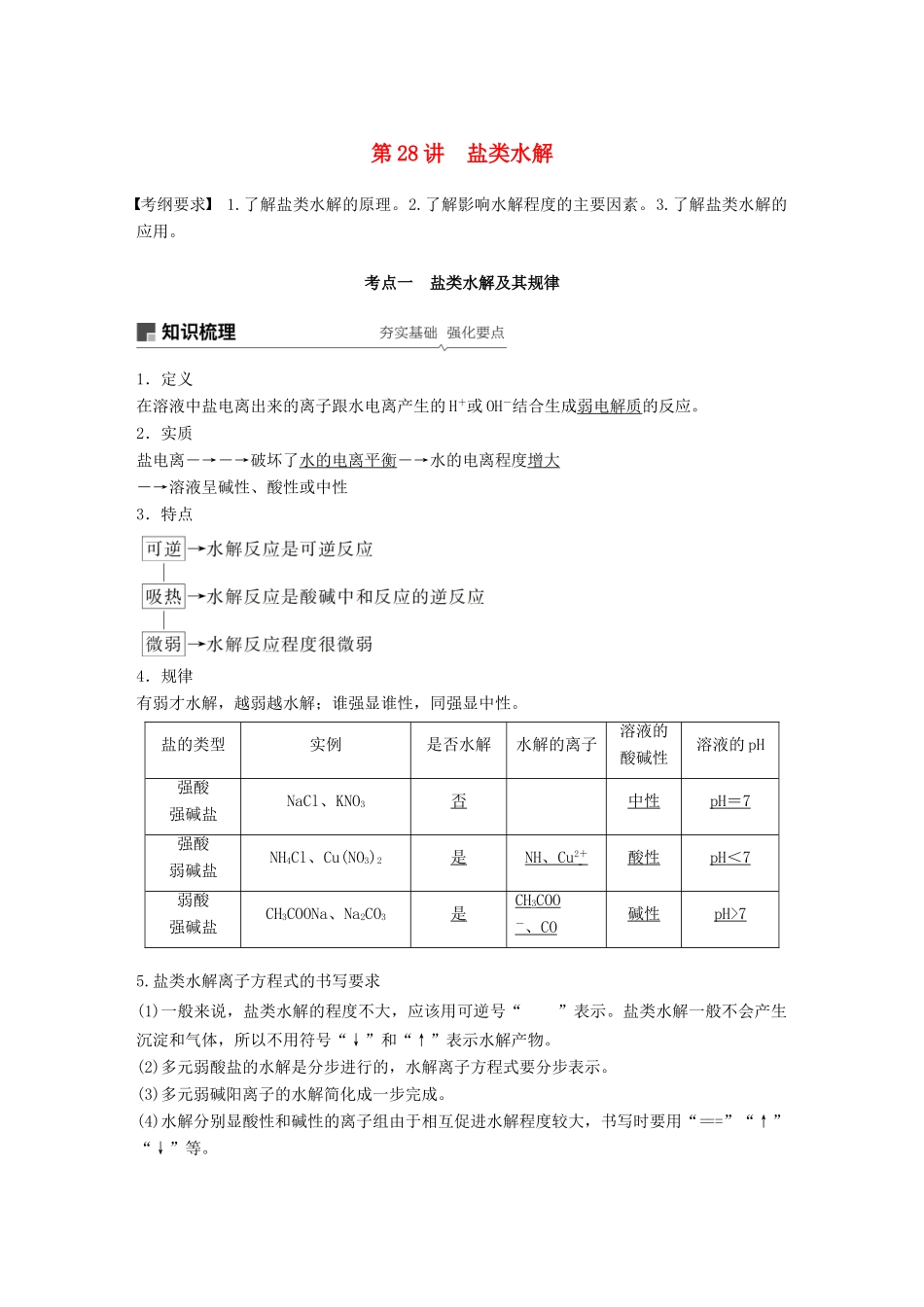 高考化学一轮复习 第八章 水溶液中的离子平衡 第28讲 盐类水解学案-人教版高三全册化学学案_第1页
