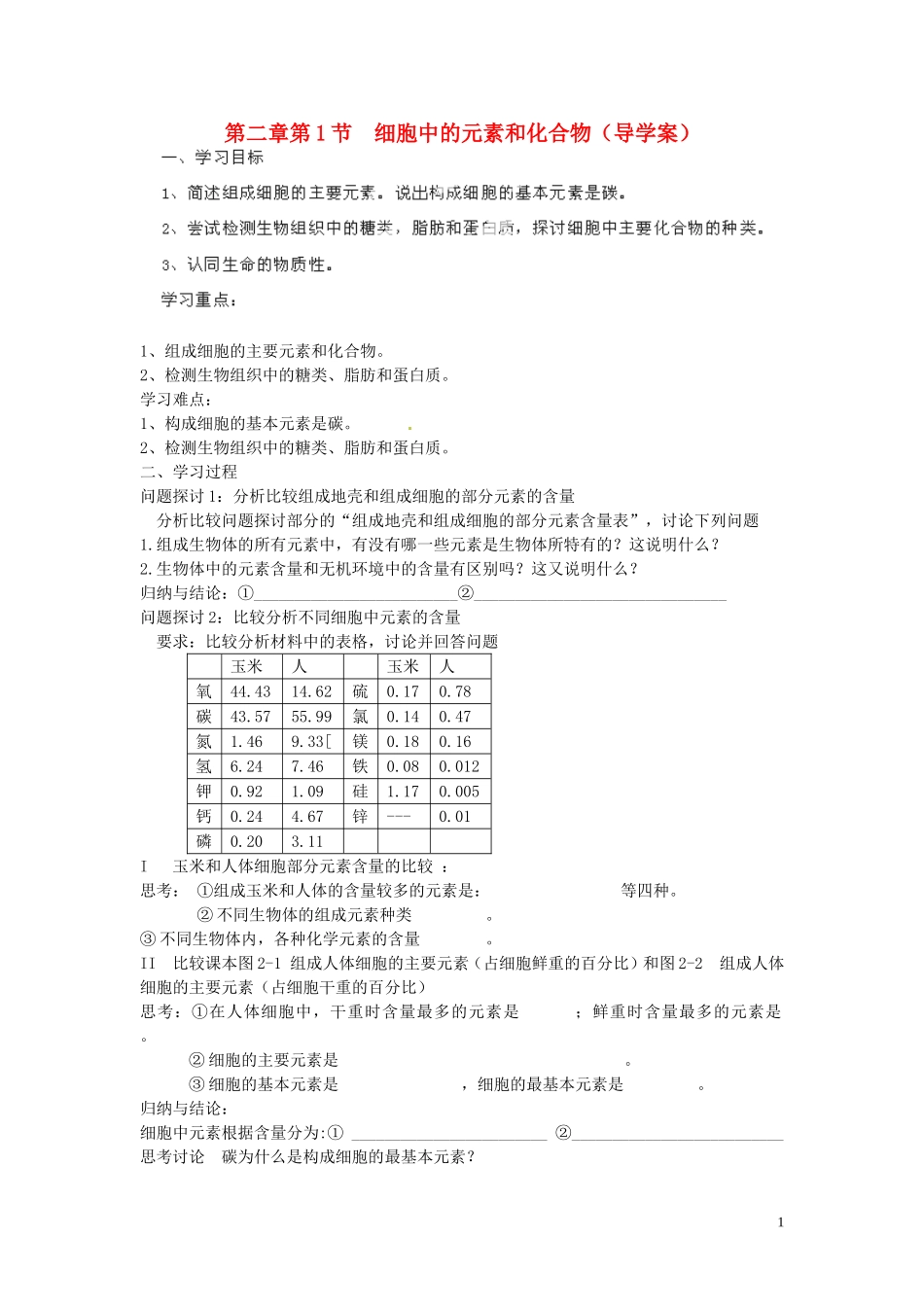 海南省海口市第十四中学高中生物 第二章第1节 细胞中的元素和化合物导学案 人教版_第1页