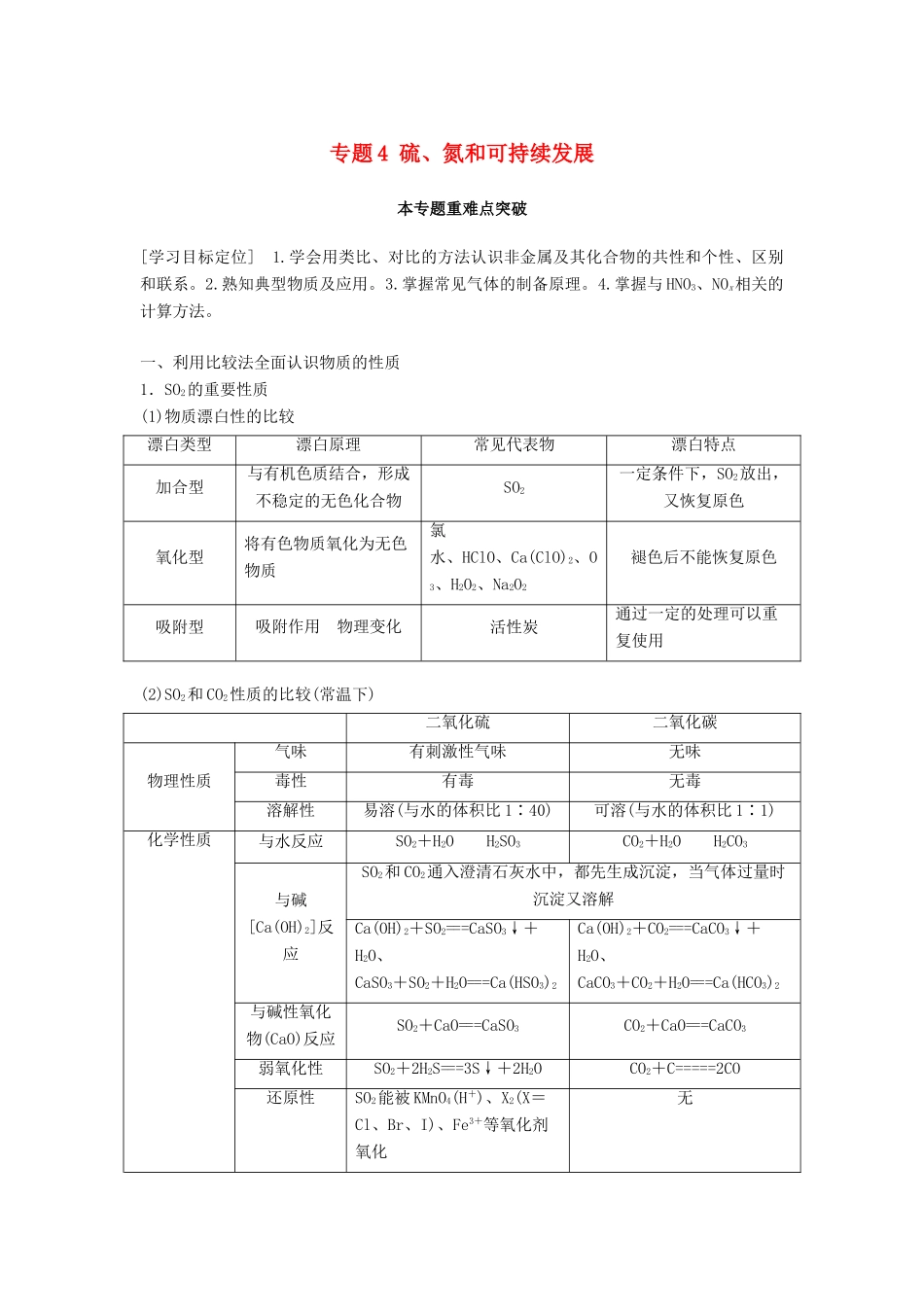 高中化学 专题4 硫、氮和可持续发展本专题重难点突破学案 苏教版必修1-苏教版高一必修1化学学案_第1页