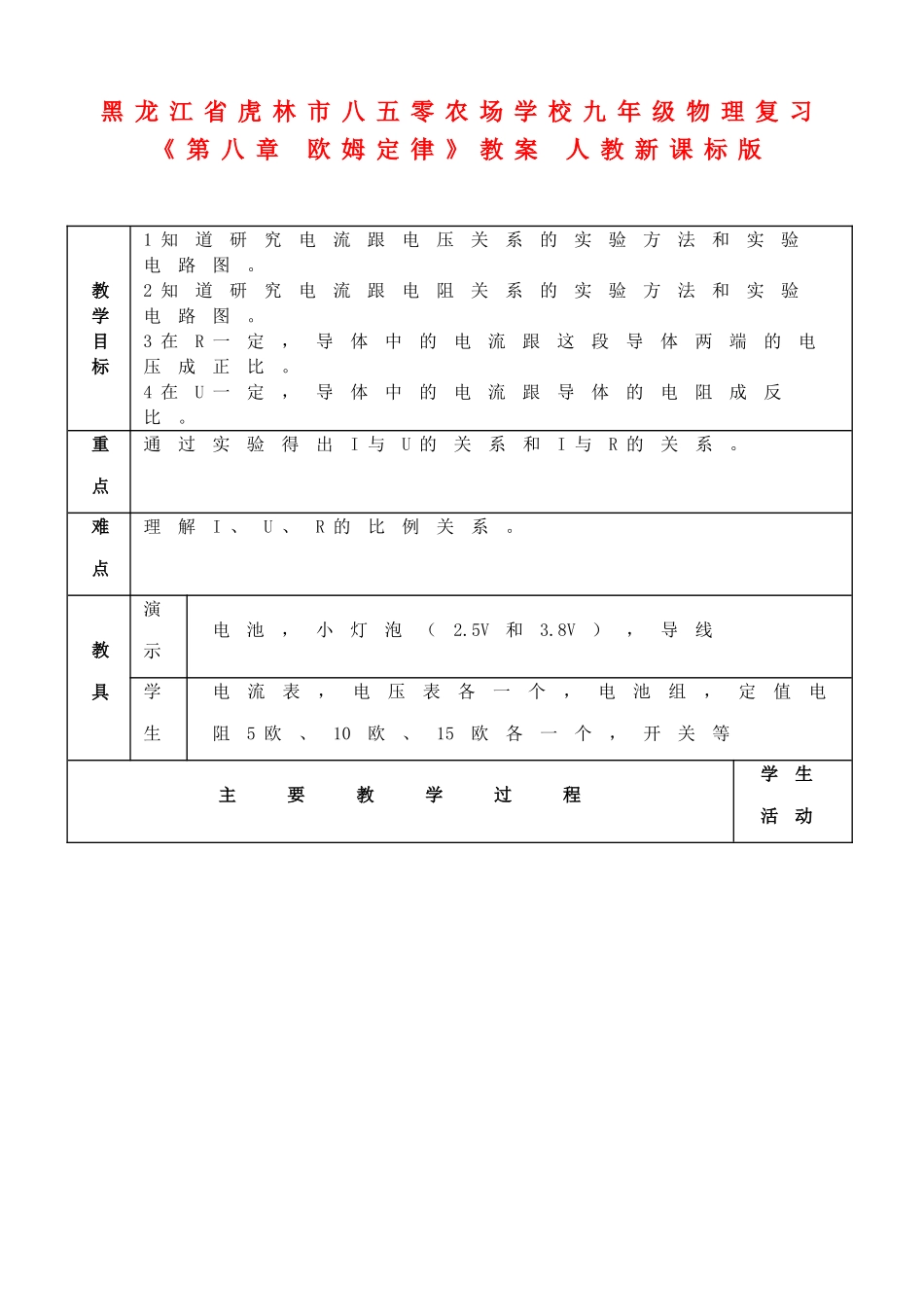 黑龙江省虎林市八五零农场学校九年级物理复习《第八章 欧姆定律》教案 人教新课标版_第1页