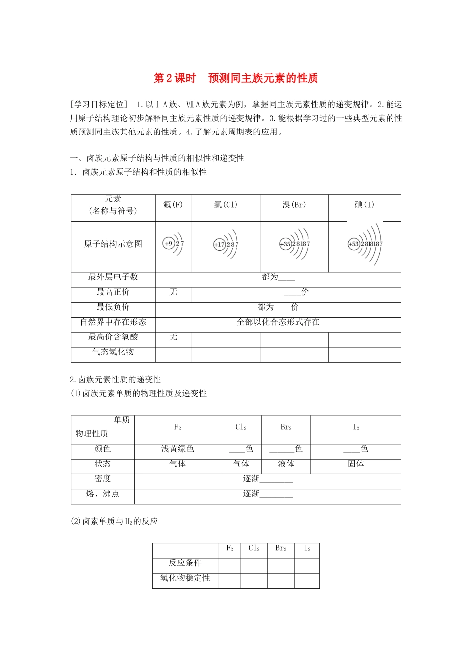 高中化学 第1章 原子结构与元素周期律 1.3.2 预测同主族元素的性质学案 鲁科版必修2-鲁科版高一必修2化学学案_第1页