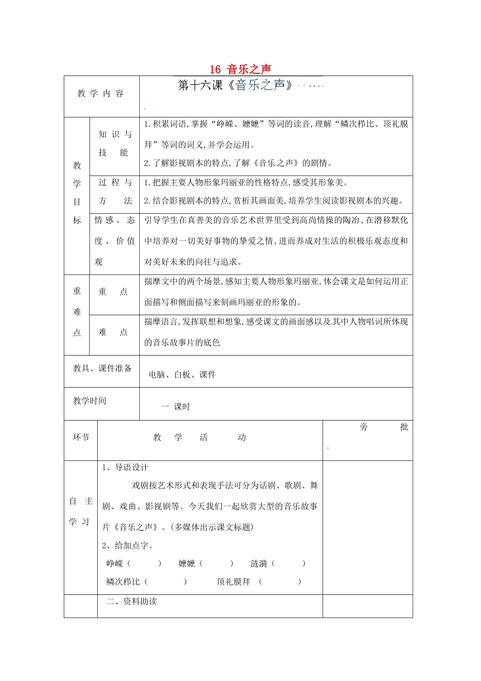 安徽省滁州市定远县炉桥中学九年级语文下册 第四单元 16 音乐之声教案 新人教版_第1页