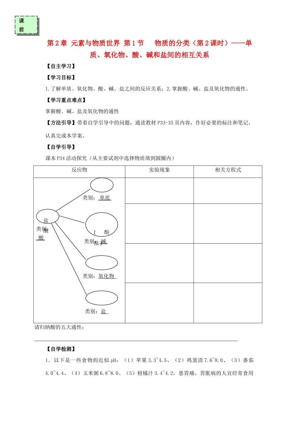 高中化学 第二章 元素与物质世界 2.1 物质的分类（第2课时）学案 鲁科版必修1-鲁科版高一必修1化学学案_第1页