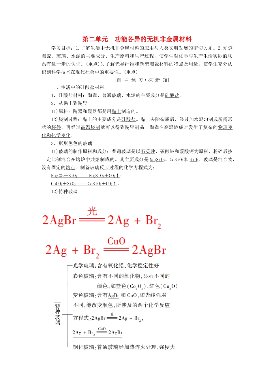 高中化学 专题3 丰富多彩的生活材料 第2单元 功能各异的无机非金属材料学案 苏教版选修1-苏教版高二选修1化学学案_第1页