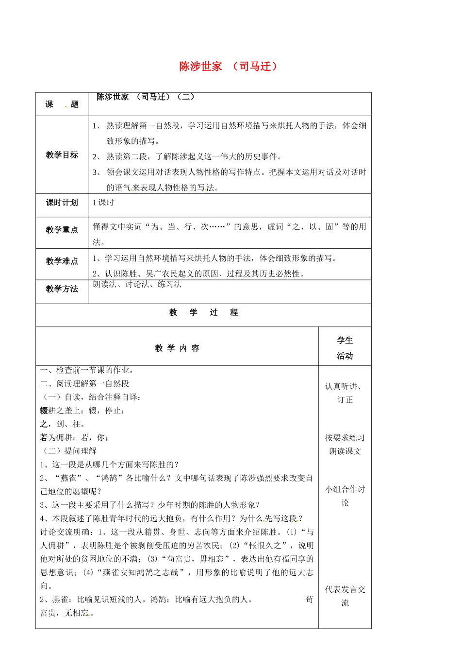 九年级语文上册 第16课《陈涉世家》教案（2） 苏教版-苏教版初中九年级上册语文教案_第1页