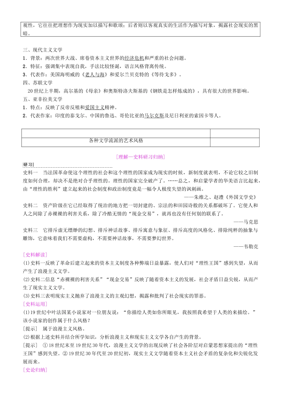 高考历史一轮复习 第14单元 近代以来中外科技与文艺的发展历程 第32讲 19世纪以来的世界文学艺术学案-人教版高三全册历史学案_第2页