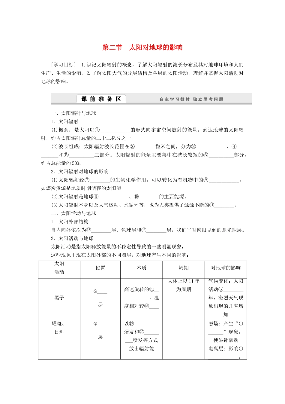 高中地理 1.2《太阳对地球的影响》导学案 湘教版必修1-湘教版高一必修1地理学案_第1页