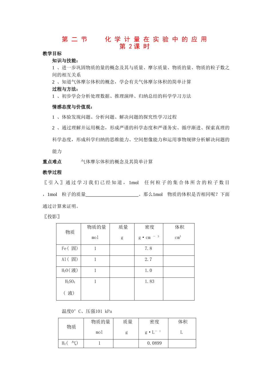 高中化学：1.2《化学计量在实验中的应用》第2课时学案（新人教版必修1）_第1页
