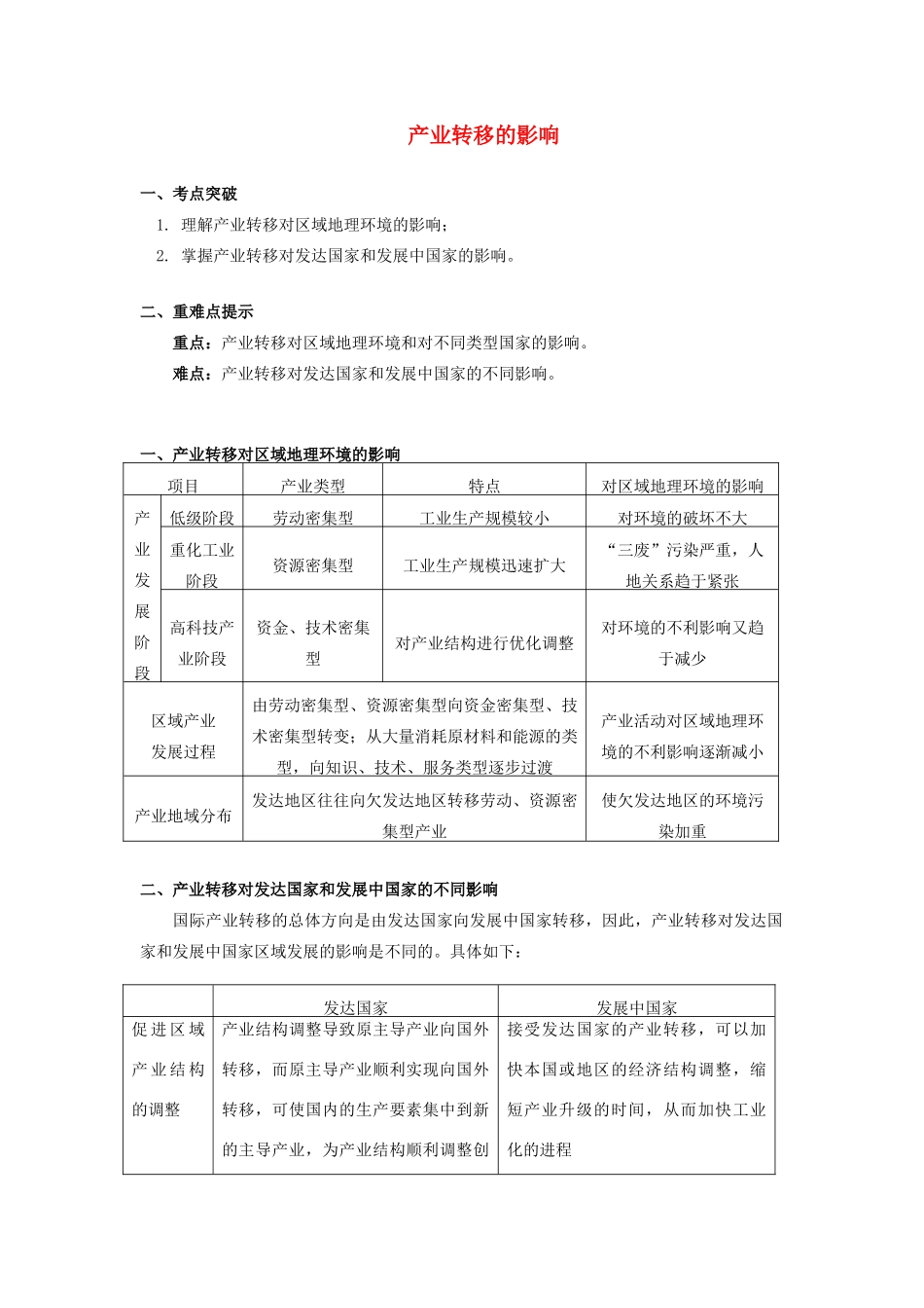 高中地理 第一章 区域地理环境与人类活动 第四节 区域经济联系 产业转移的影响学案 湘教版必修3-湘教版高一必修3地理学案_第1页