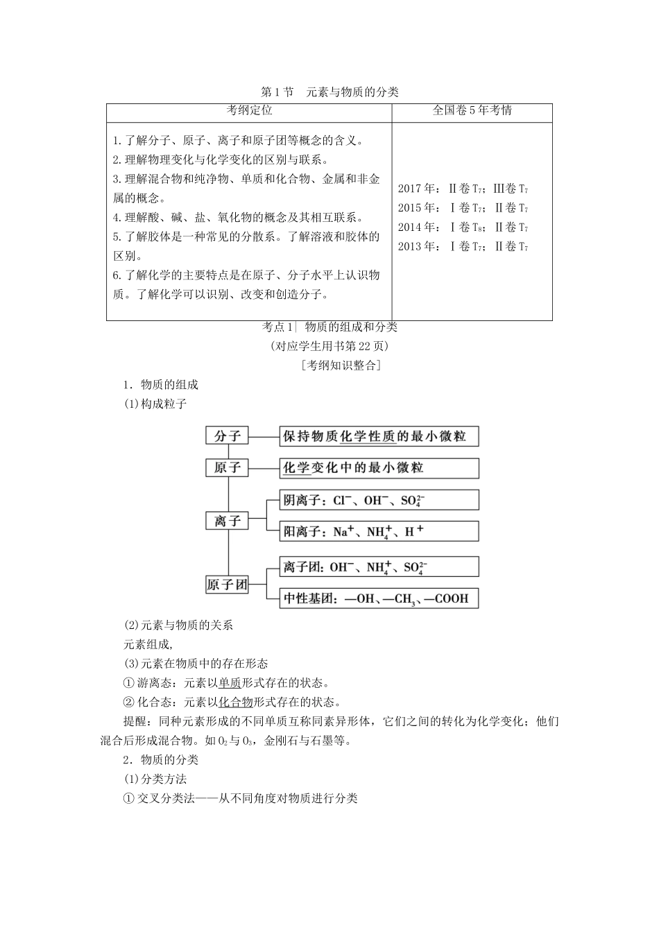 高考化学一轮复习 第2章 元素与物质世界 第1节 元素与物质的分类学案 鲁科版-鲁科版高三全册化学学案_第1页