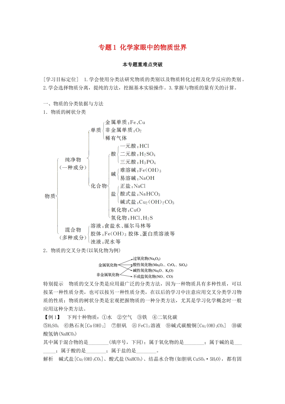 高中化学 专题1 化学家眼中的物质世界本专题重难点突破学案 苏教版必修1-苏教版高一必修1化学学案_第1页