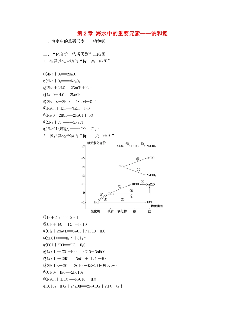 高中化学 第2章 海水中的重要元素——钠和氯 章末复习课学案 新人教版必修第一册-新人教版高中第一册化学学案_第1页