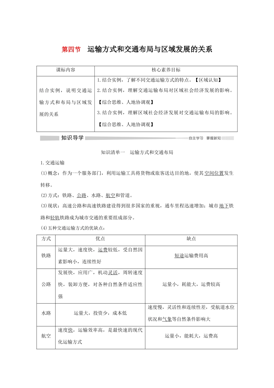 高中地理 第三章 产业区位选择 第四节 运输方式和交通布局与区域发展的关系导学案 中图版必修第二册-中图版高一第二册地理学案_第1页