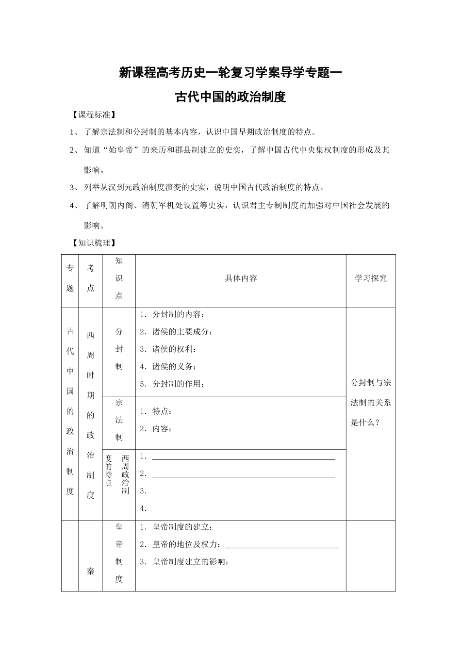 高考历史一轮复习学案导学专题一 古代中国的政治制度_第1页