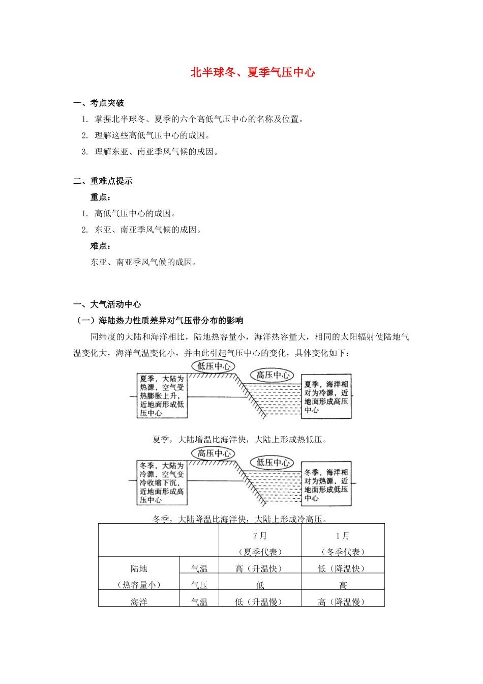 高中地理 第二章 自然环境中的物质运动和能量交换 第三节 大气环境 北半球冬、夏季气压中心学案 湘教版必修1-湘教版高一必修1地理学案_第1页