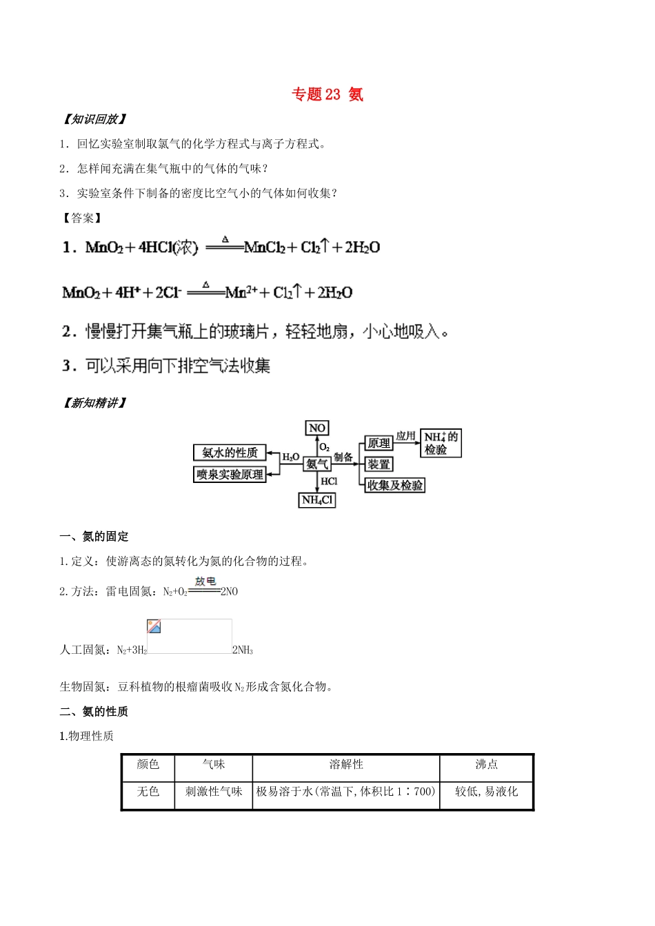 高中化学 初高中衔接 专题23 氨学案-人教版高一全册化学学案_第1页