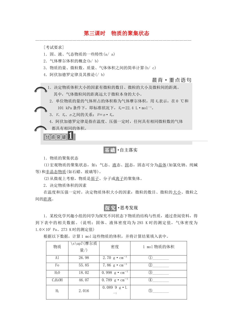 高中化学 专题1 化学家眼中的物质世界 第一单元 第三课时 物质的聚集状态学案 苏教版必修1-苏教版高一必修1化学学案_第1页