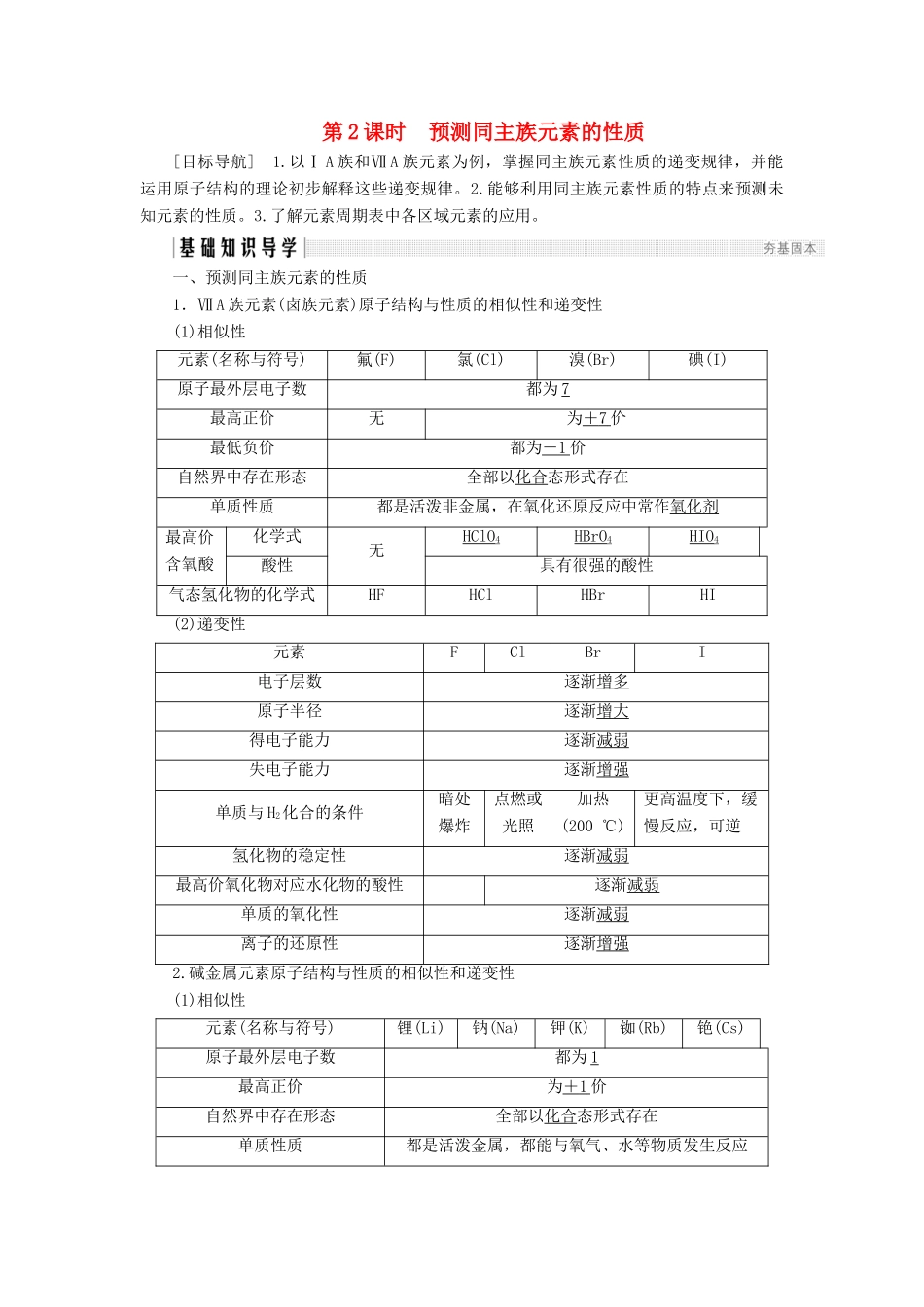 高中化学 第1章 原子结构与元素周期律 第3节 元素周期表的应用 第2课时 预测同主族元素的性质同步备课学案 鲁科版必修2-鲁科版高一必修2化学学案_第1页