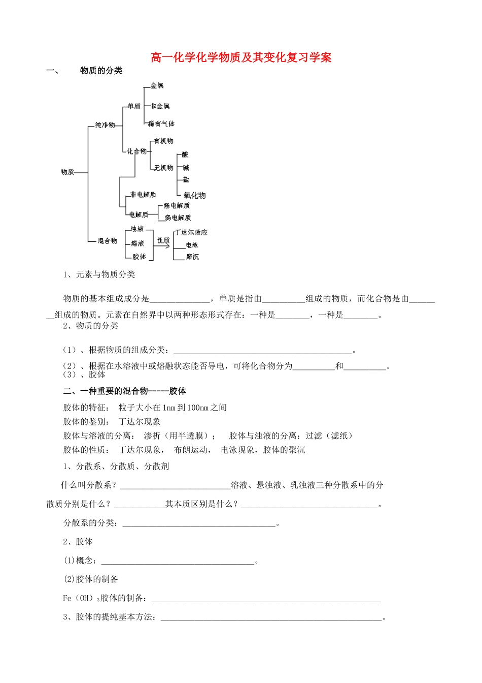 高一化学化学物质及其变化复习学案_第1页