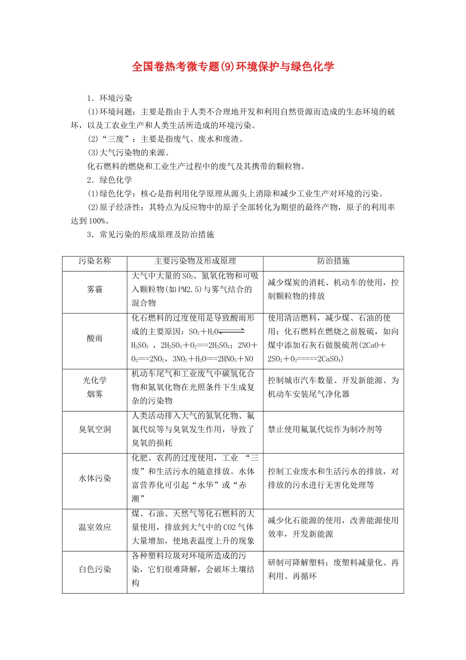 高考化学一轮复习 全国卷热考微专题（9）环境保护与绿色化学学案-人教版高三全册化学学案_第1页