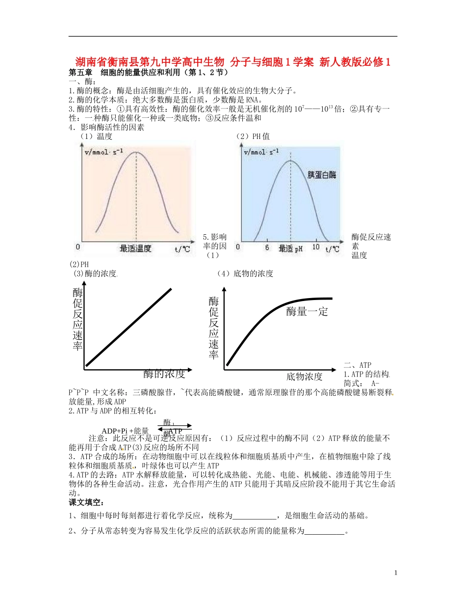 湖南省衡南县第九中学高中生物 分子与细胞1学案 新人教版必修1_第1页