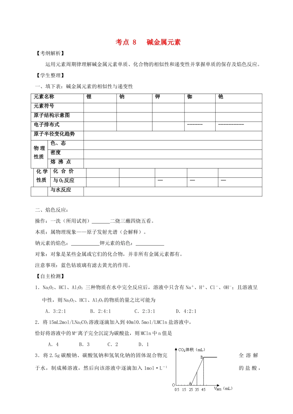 高三化学一轮复习 考点8 碱金属元素学案（无答案）-人教版高三全册化学学案_第1页