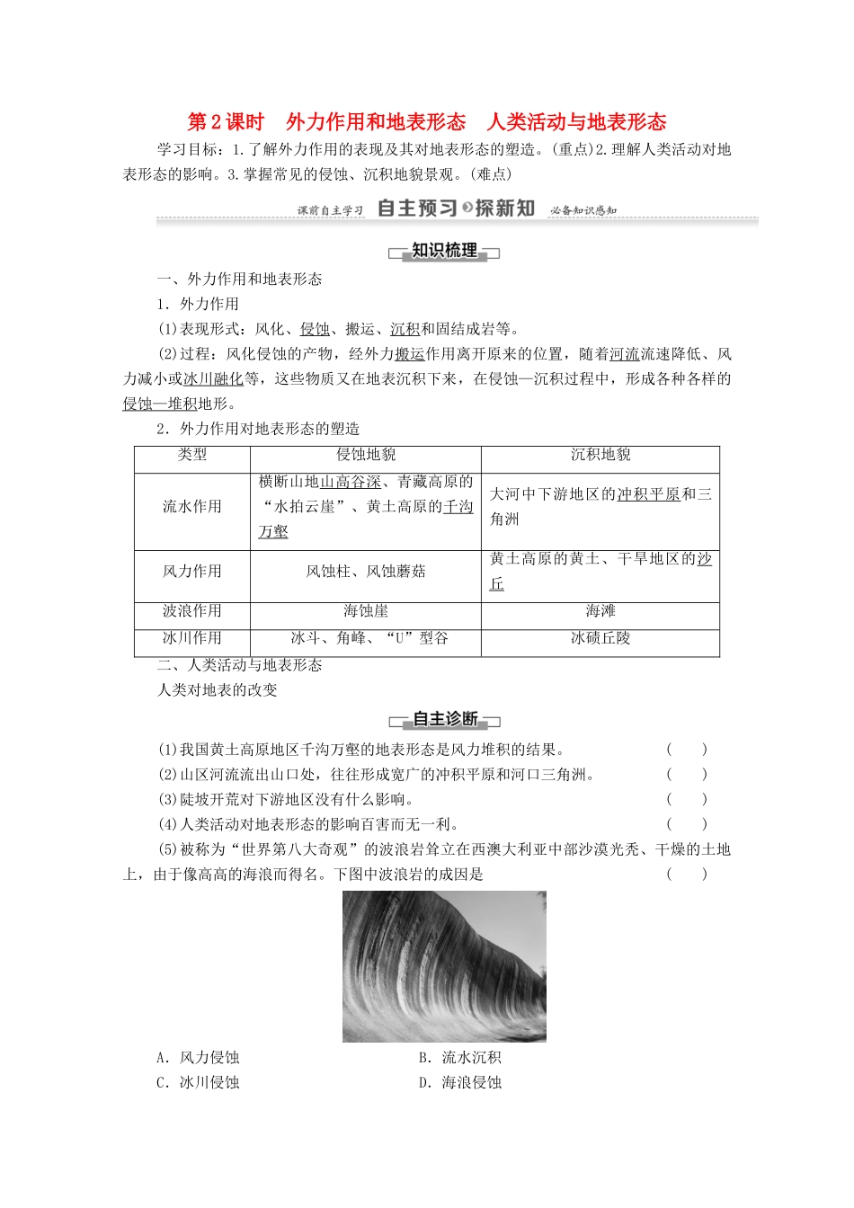 高中地理 第2章 自然环境中的物质运动和能量交换 第2节 地球表面形态 第2课时 外力作用和地表形态 人类活动与地表形态学案 湘教版必修1-湘教版高一必修1地理学案_第1页