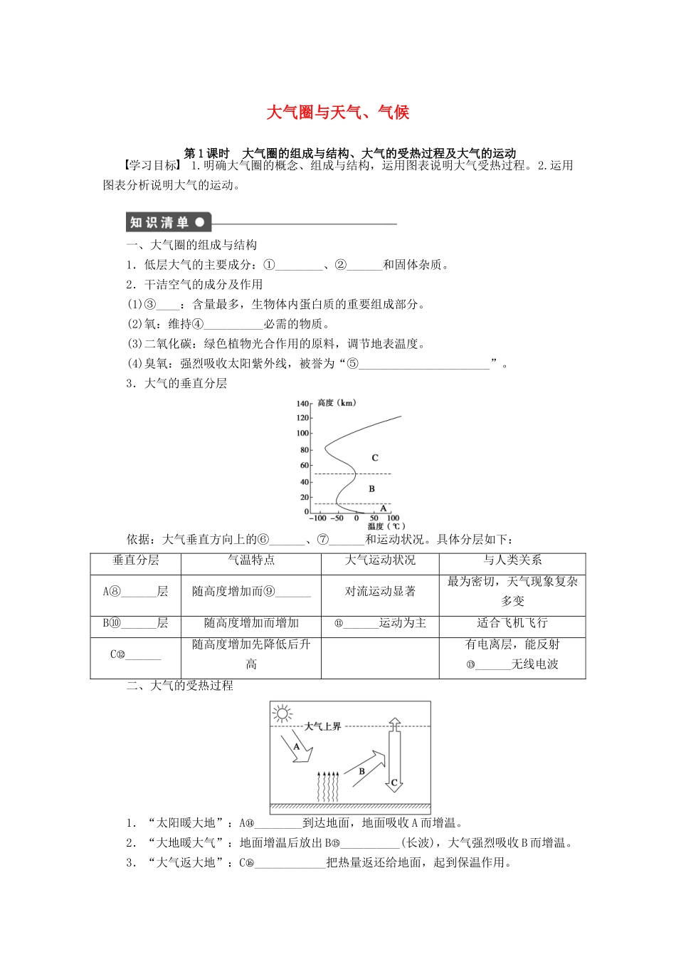 高中地理 第二单元 第2节 第1课时 大气圈的组成与结构、大气的受热过程及大气的运动导学案 鲁教版必修1-鲁教版高一必修1地理学案_第1页
