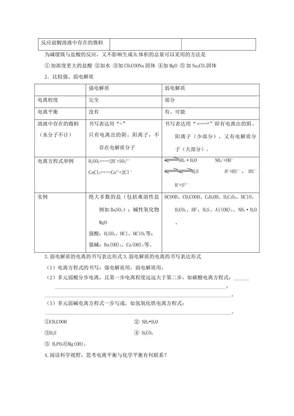 高中化学 第03章 水溶液中的离子平衡 专题3.1.1 弱电解质的电离导学案 新人教版选修4-新人教版高二选修4化学学案_第2页