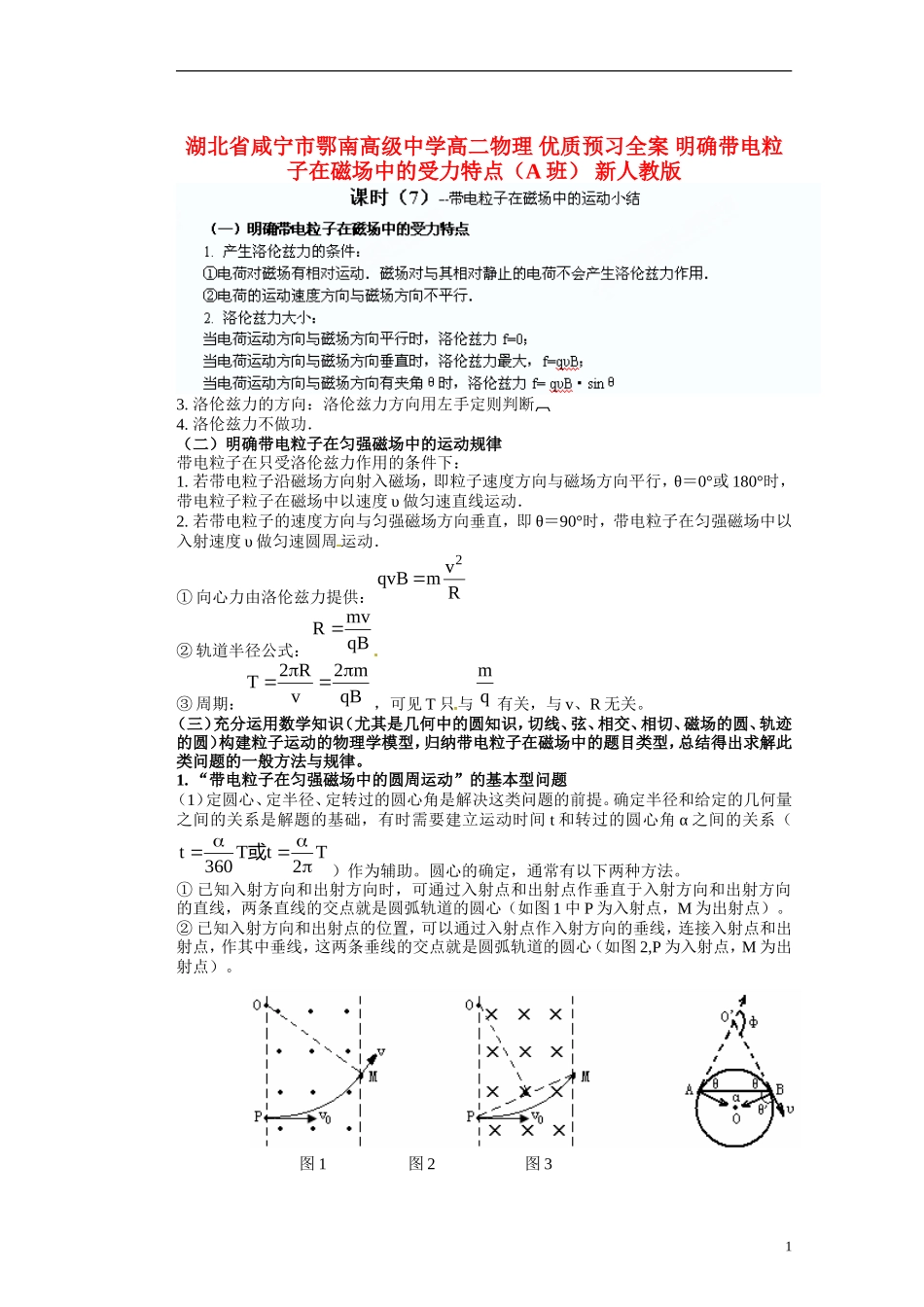 湖北省咸宁市鄂南高级中学高二物理 优质预习全案 明确带电粒子在磁场中的受力特点（A班） 新人教版_第1页