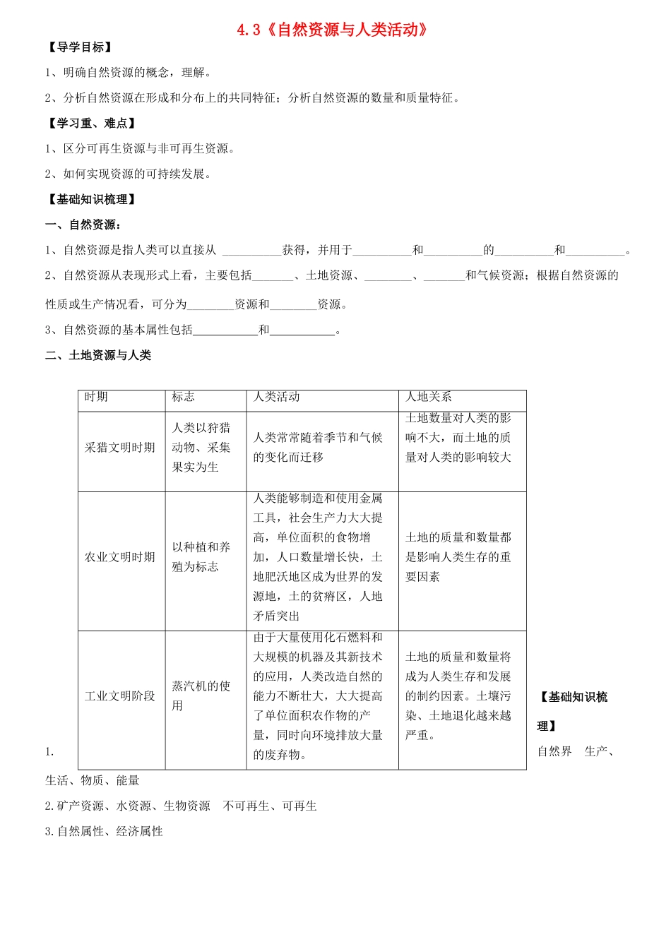 高中地理 4.3《自然资源与人类活动》导学案 中图版必修1-中图版高一必修1地理学案_第1页
