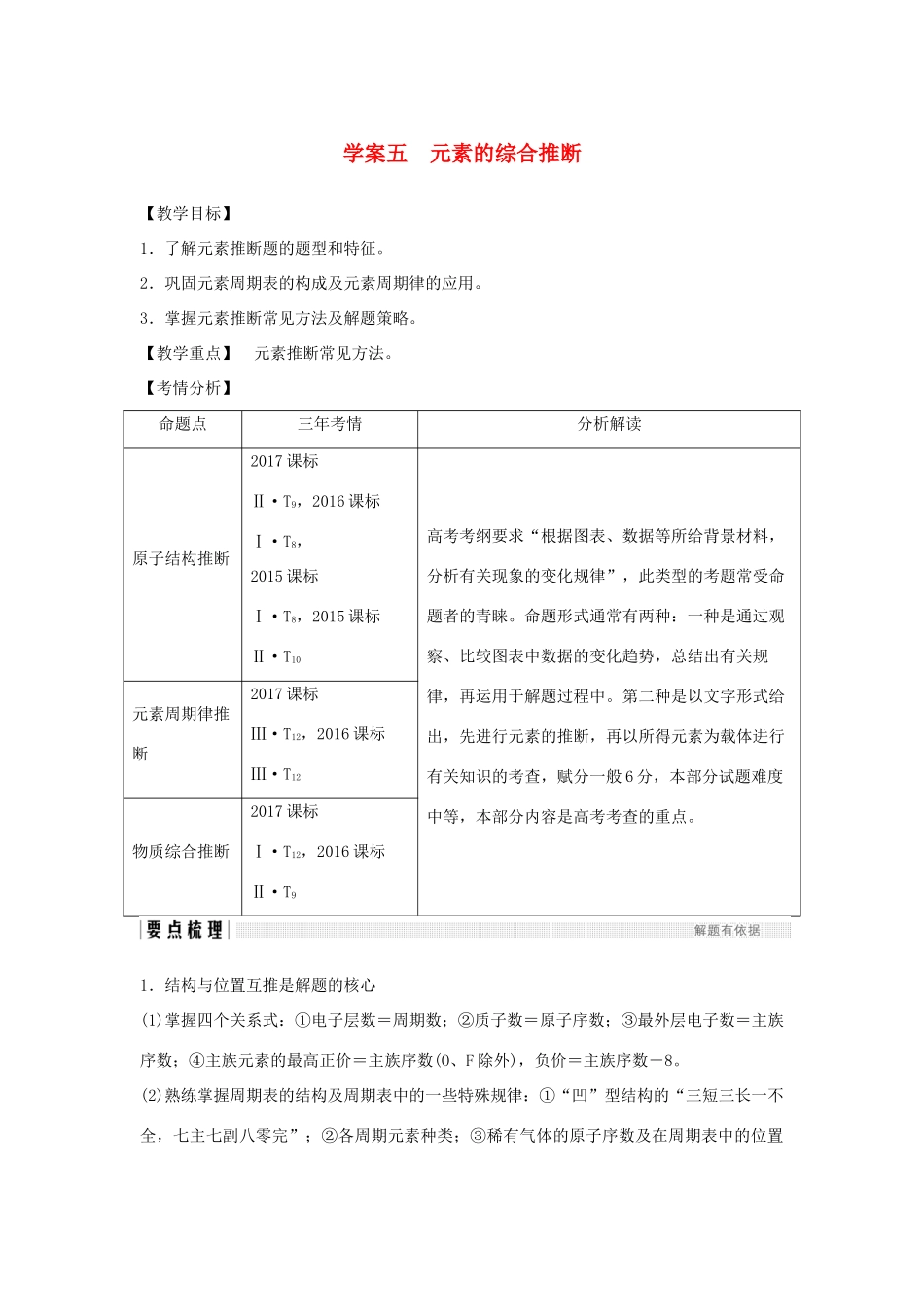 高考化学总复习 第5章 物质结构 元素周期律 学案五 元素的综合推断配套练习 新人教版-新人教版高三全册化学学案_第1页