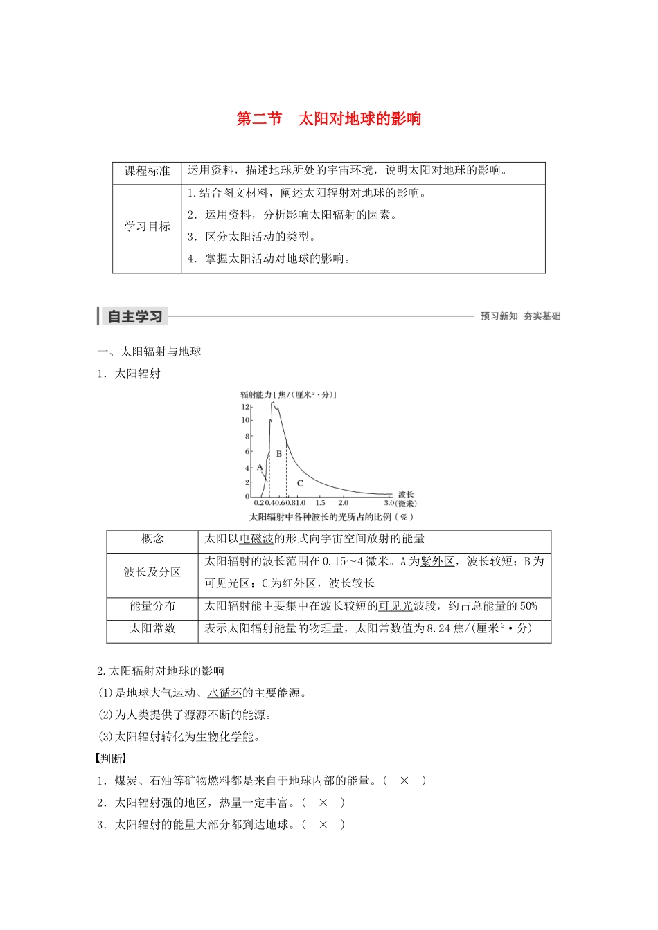 高中地理 第一章 宇宙中的地球 第二节 太阳对地球的影响学案（含解析）湘教版必修1-湘教版高一必修1地理学案_第1页
