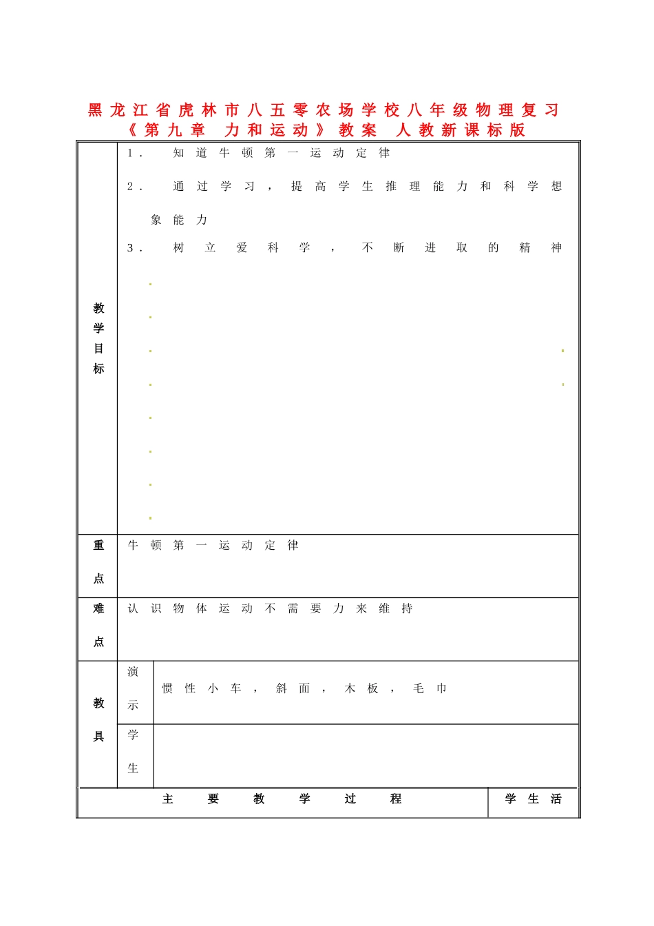 黑龙江省虎林市八五零农场学校八年级物理复习《第九章 力和运动》教案 人教新课标版_第1页
