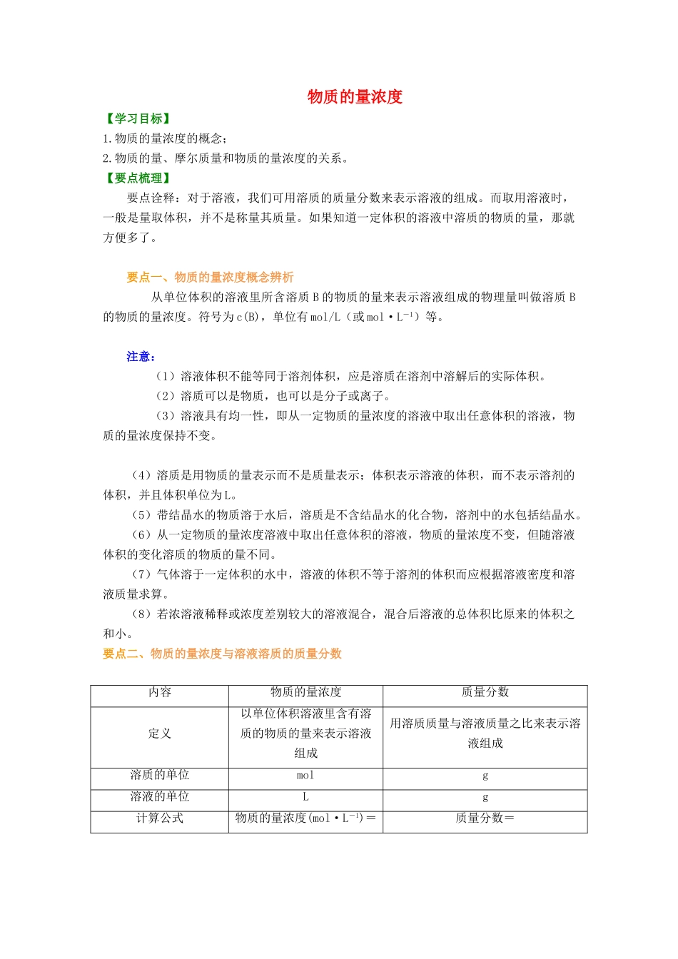 高中化学 1.2 物质的量浓度基础知识讲解学案 新人教版-新人教版高一全册化学学案_第1页