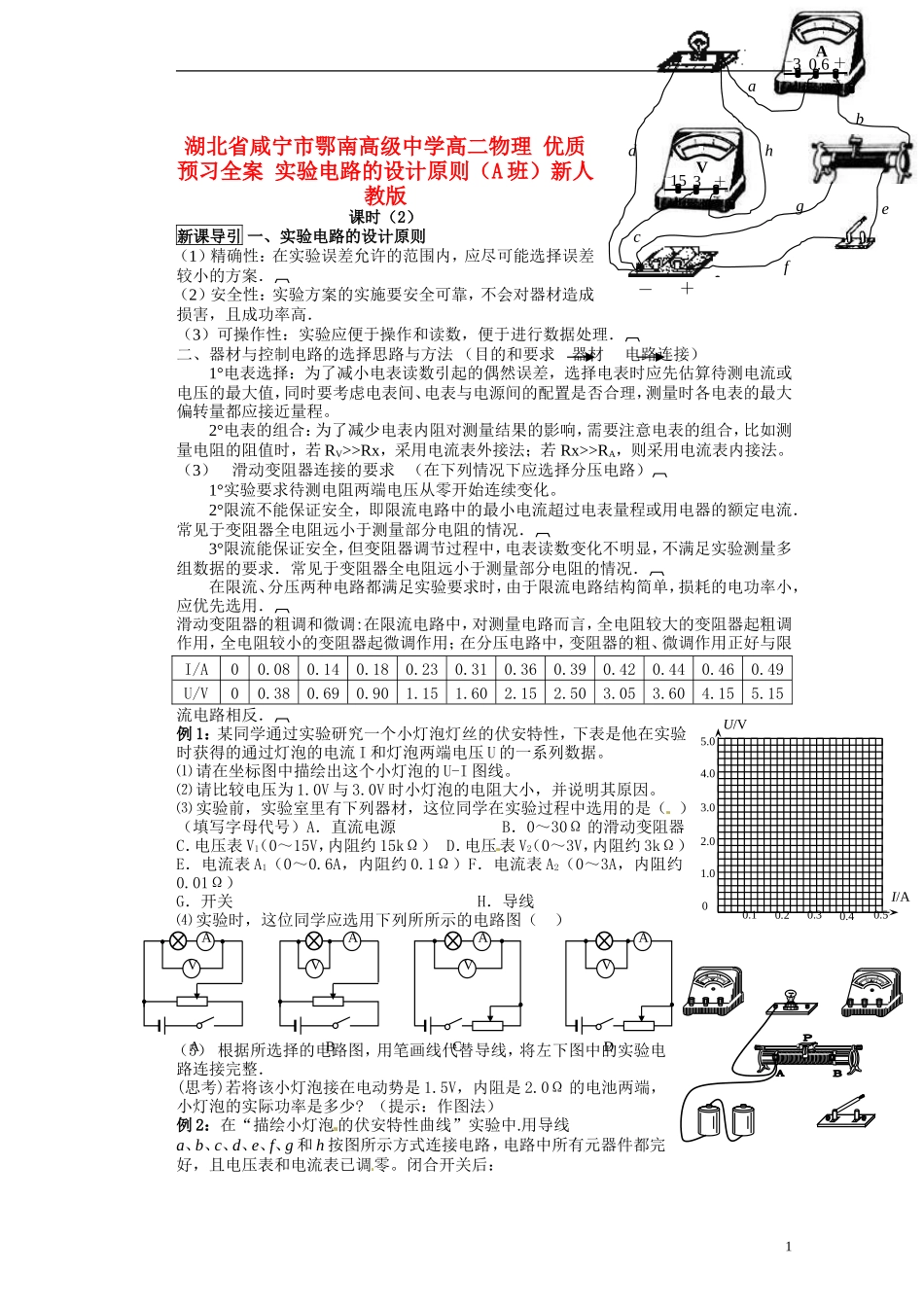 湖北省咸宁市鄂南高级中学高二物理 优质预习全案 实验电路的设计原则（A班）新人教版_第1页