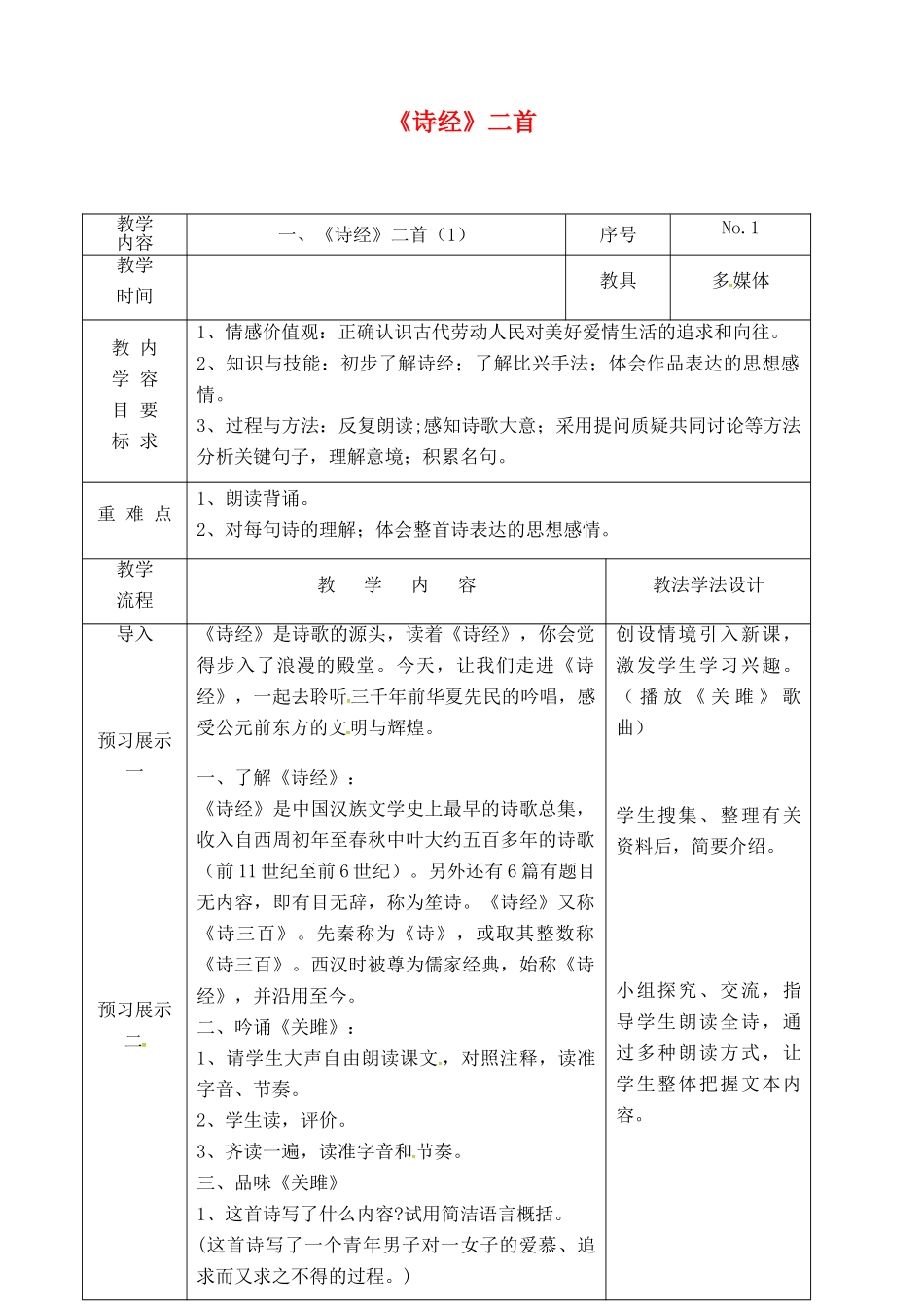 吉林省长春市九年级语文上册 第一单元 1《诗经》二首教案1 长春版-长春版初中九年级上册语文教案_第1页